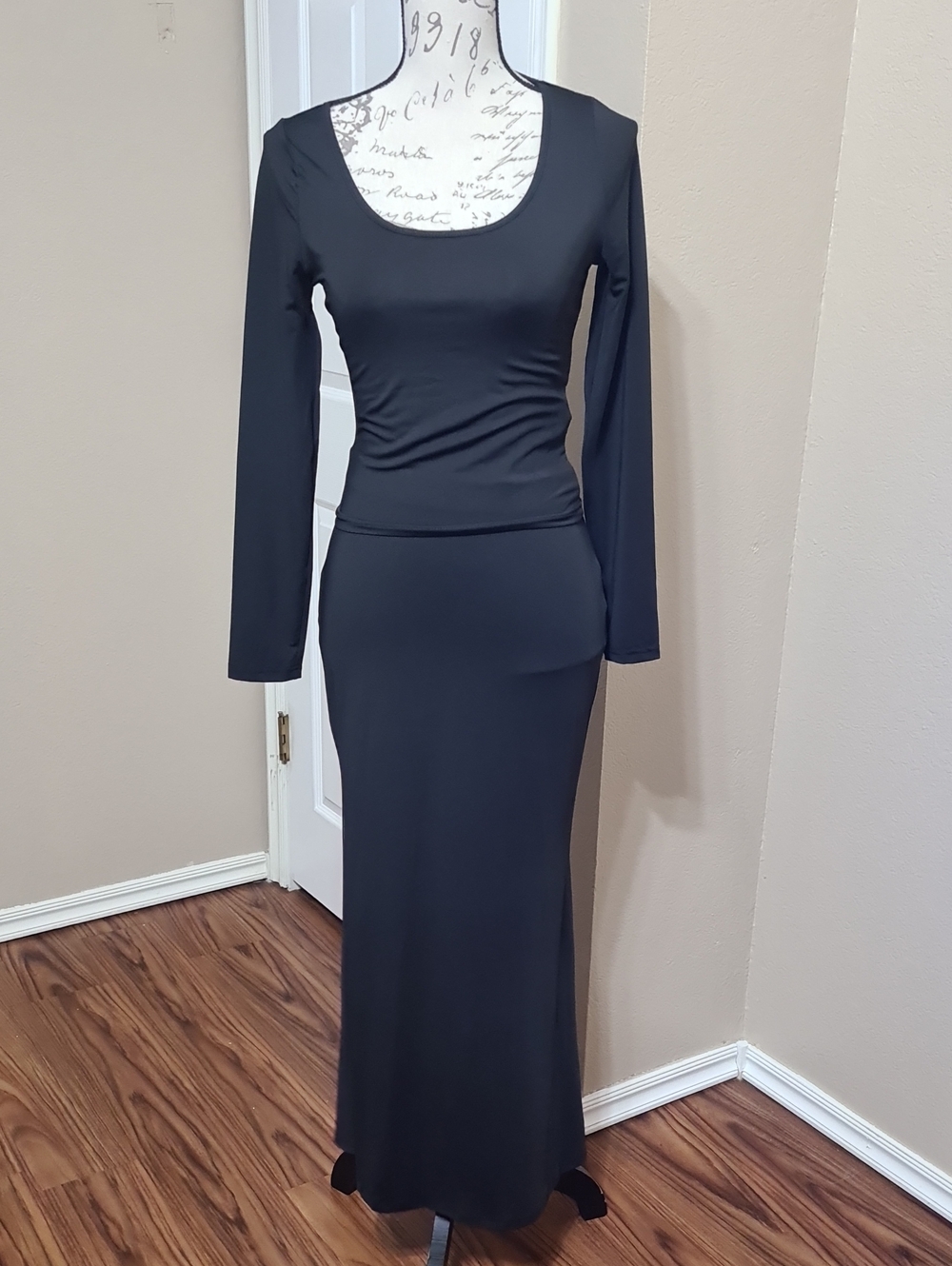 NWOT, Classic Black Long-Sleeve Scoop Neck Skirt Set.